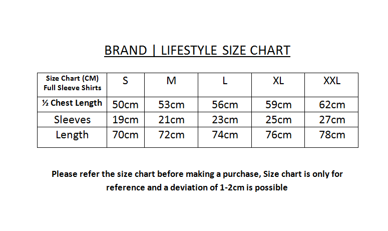 Full Sleeve Shirt Size Chart
